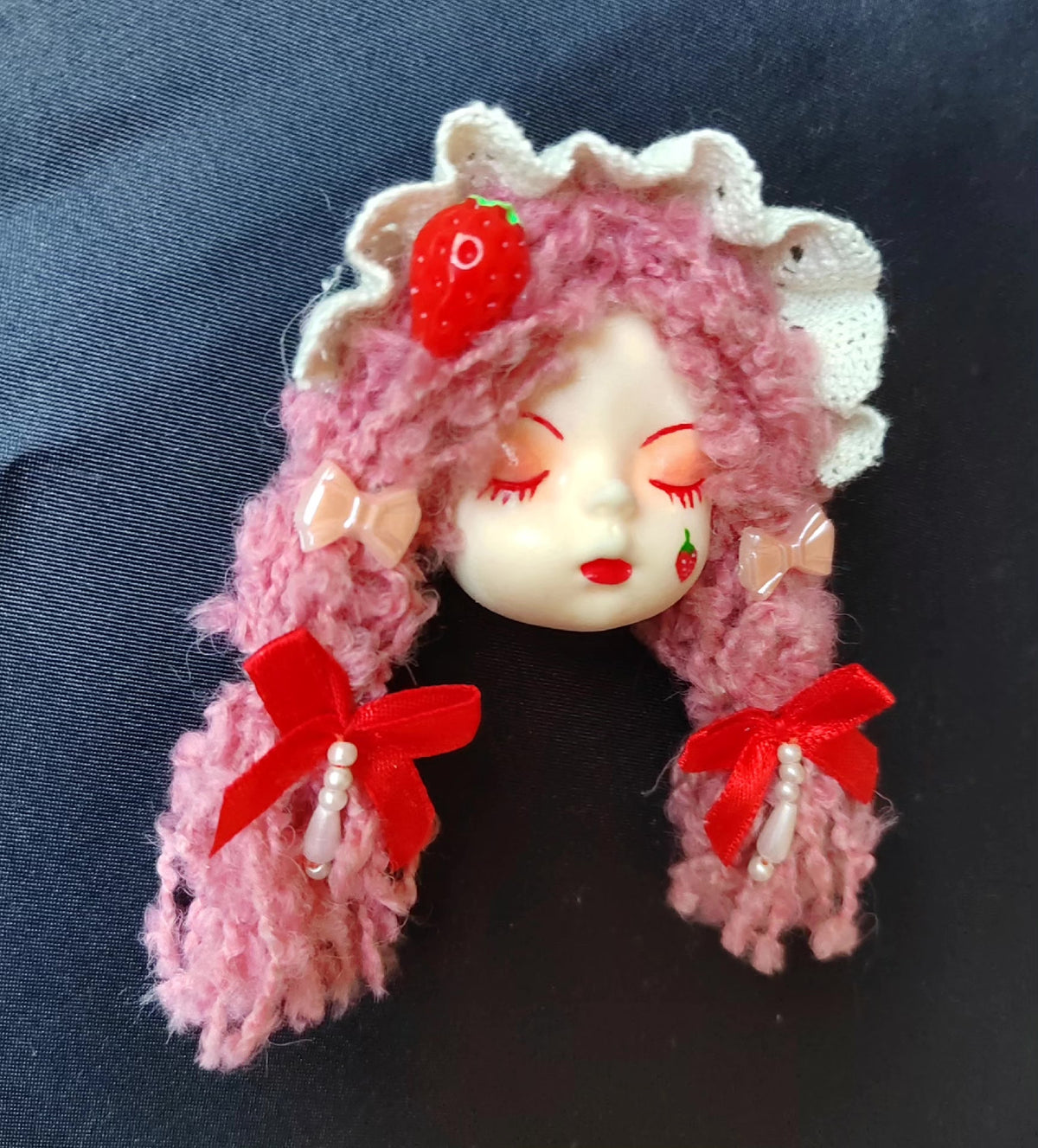 Clay Doll Head Brooch Lolita Pigtails