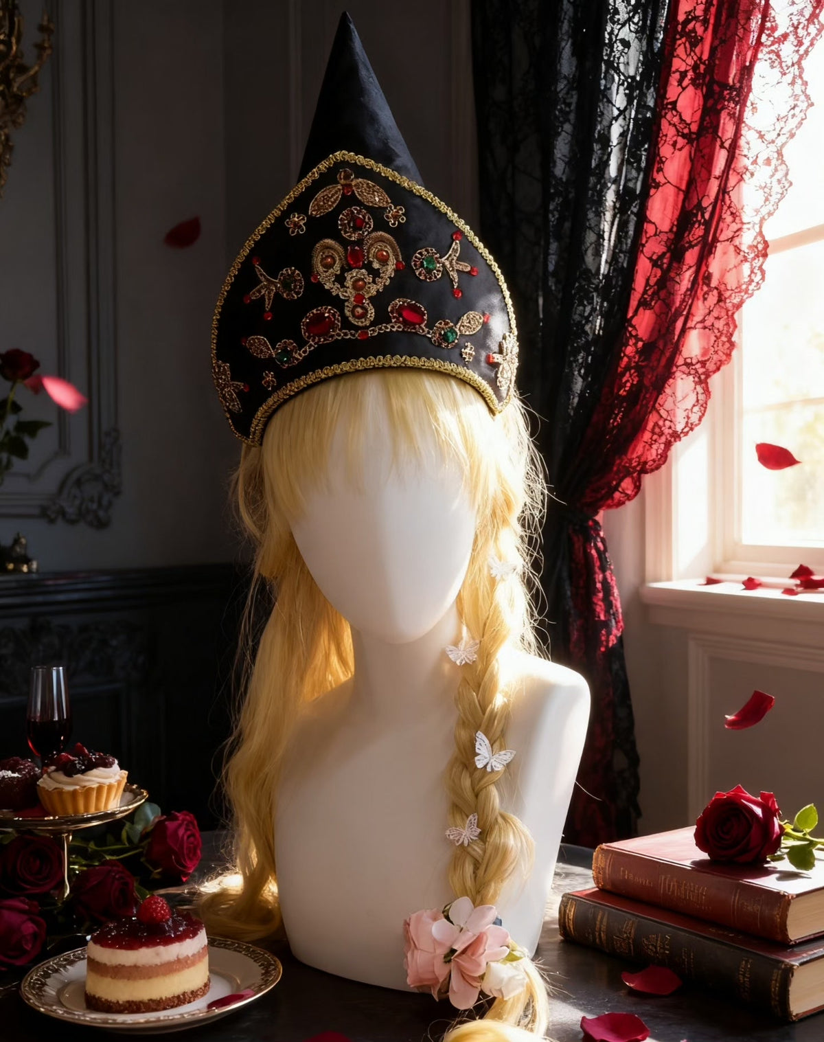 Copricapo kokoshnik russo nero con finiture dorate