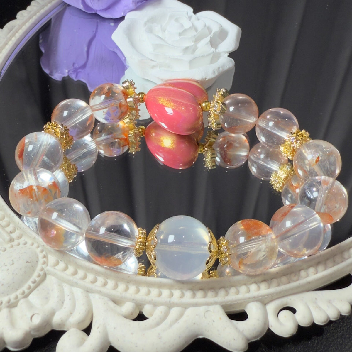 Natuurlijke kristallen kralenarmband met roze hart