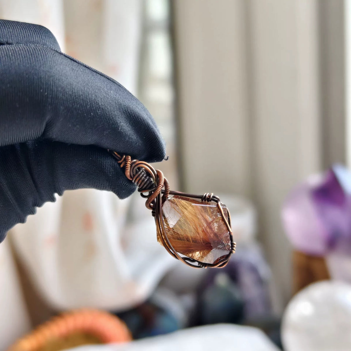 Rutilated Quartz Copper Wire Pendant Necklace