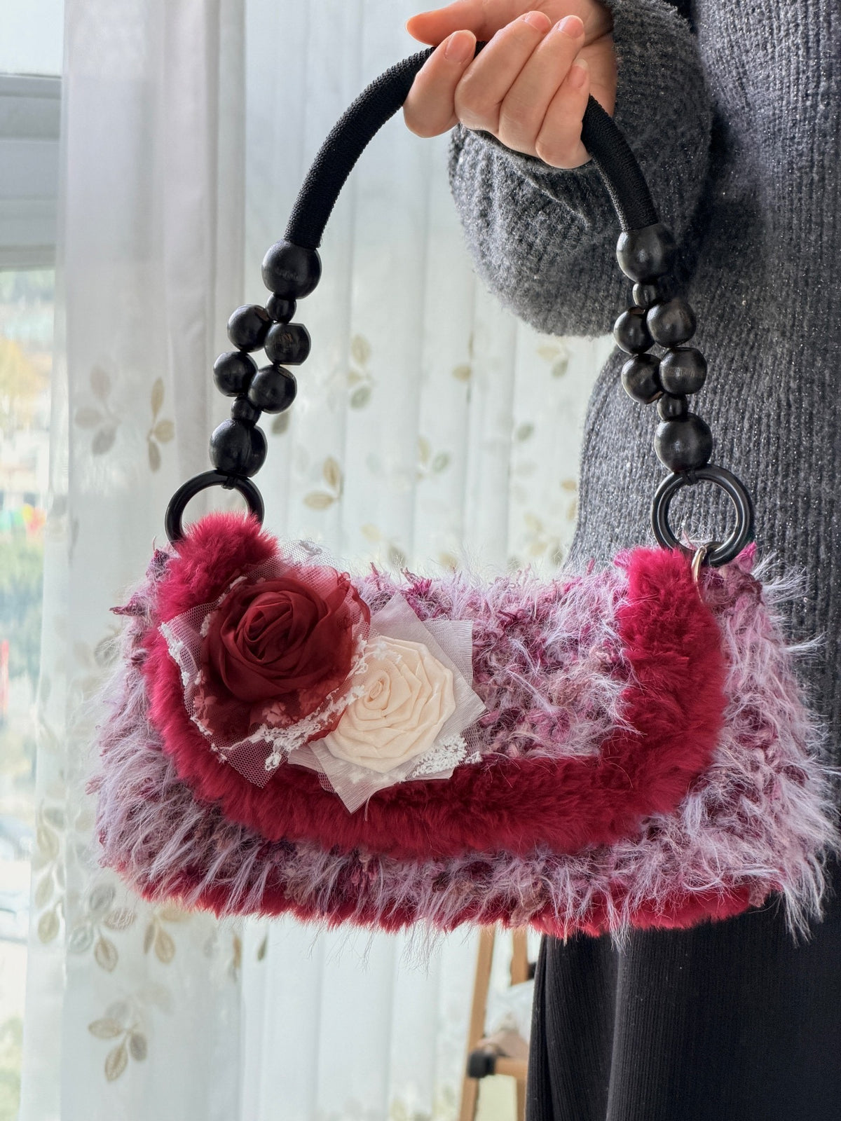 ビーズハンドル付きハンドメイド クロシェ ハンドバッグ