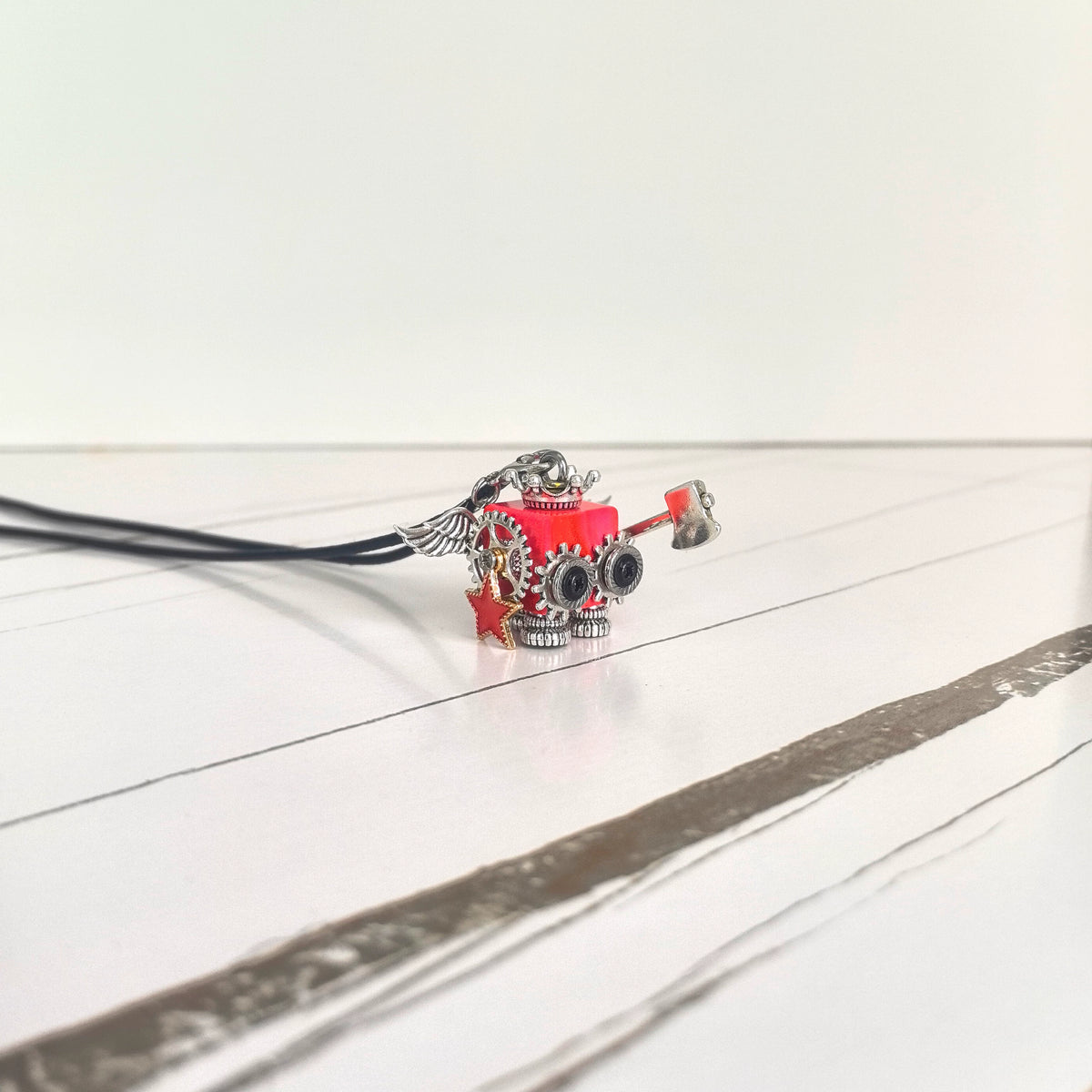Handcrafted Steampunk Robot Pendant Red Cube