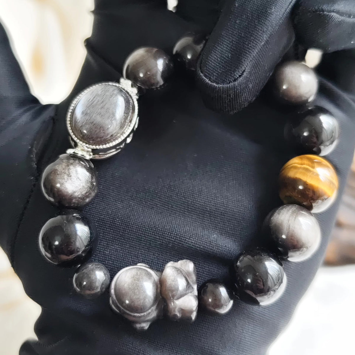 Black Obsidian Silver Sheen Beaded Bracelet