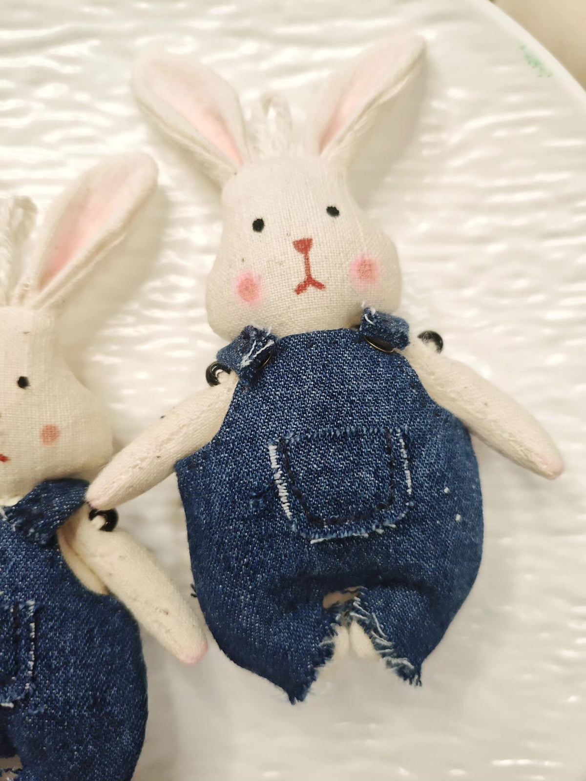 Handmade Fabric Rabbit Pendant with Denim Overalls