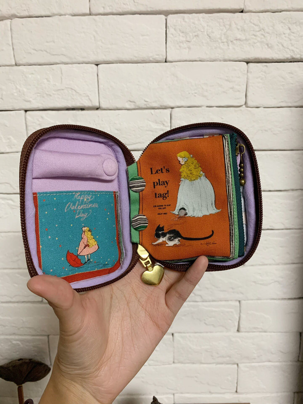 Zippered Patchwork Pouch with Illustrated Panels