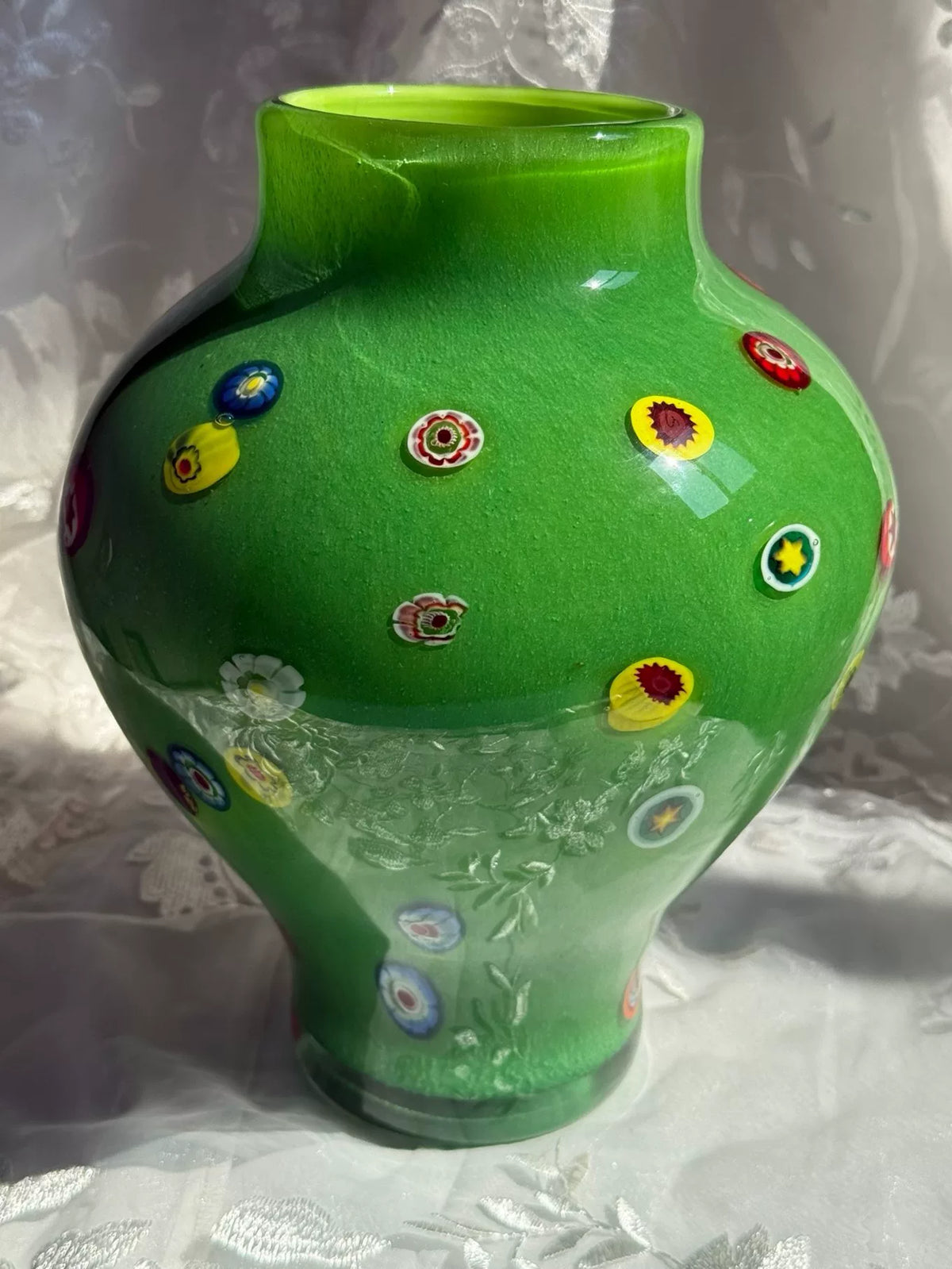 Vintage Green Millefiori Glass Vase