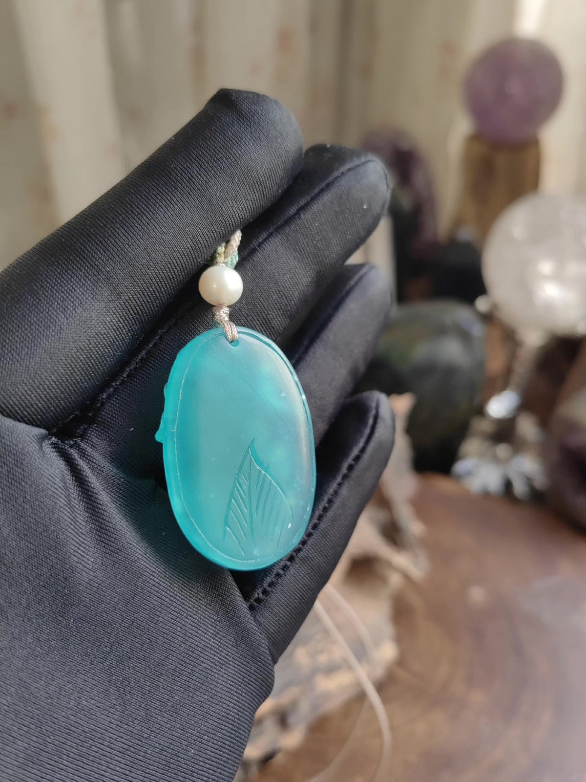 Amazonite Peony Carved Pendant Sweater Chain Necklace