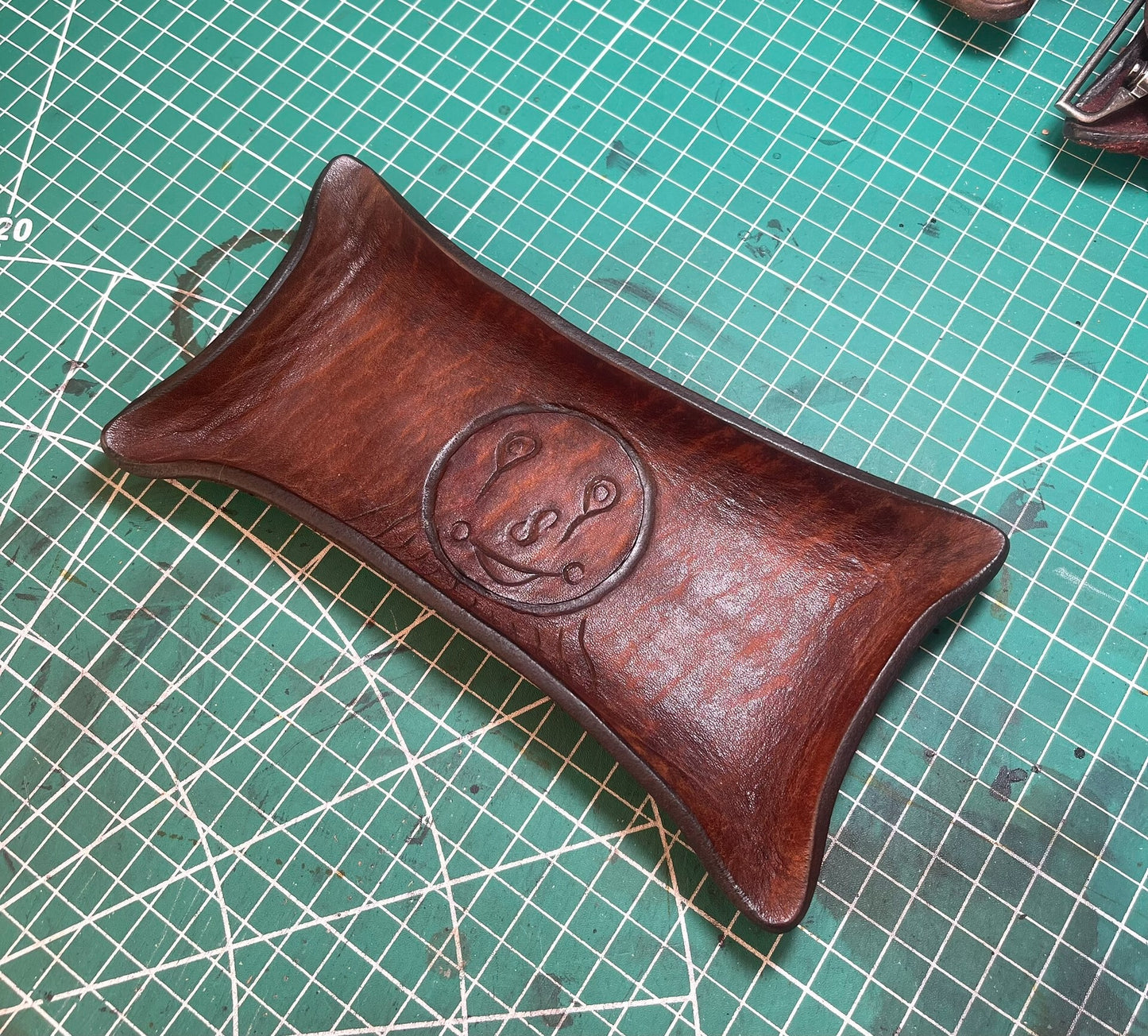 Hand-Carved Full-Grain Leather Pillow Tray with Embossed Center Motif