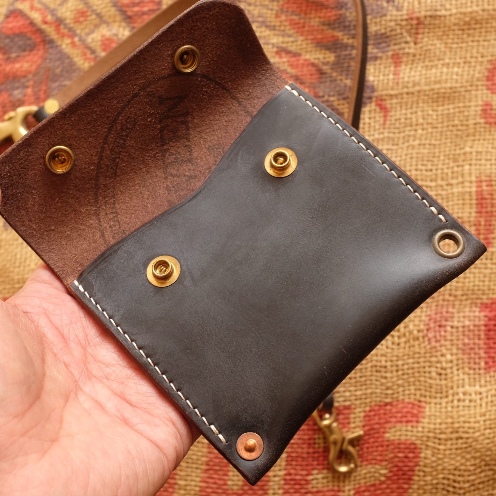 Black Leather Flap Pouch with Brass Snap Buttons and Contrast Stitching