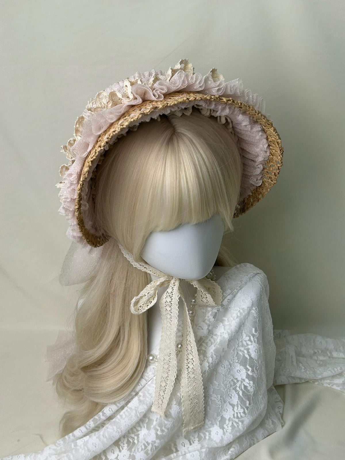 Antique Pink Ruffled Straw Bonnet