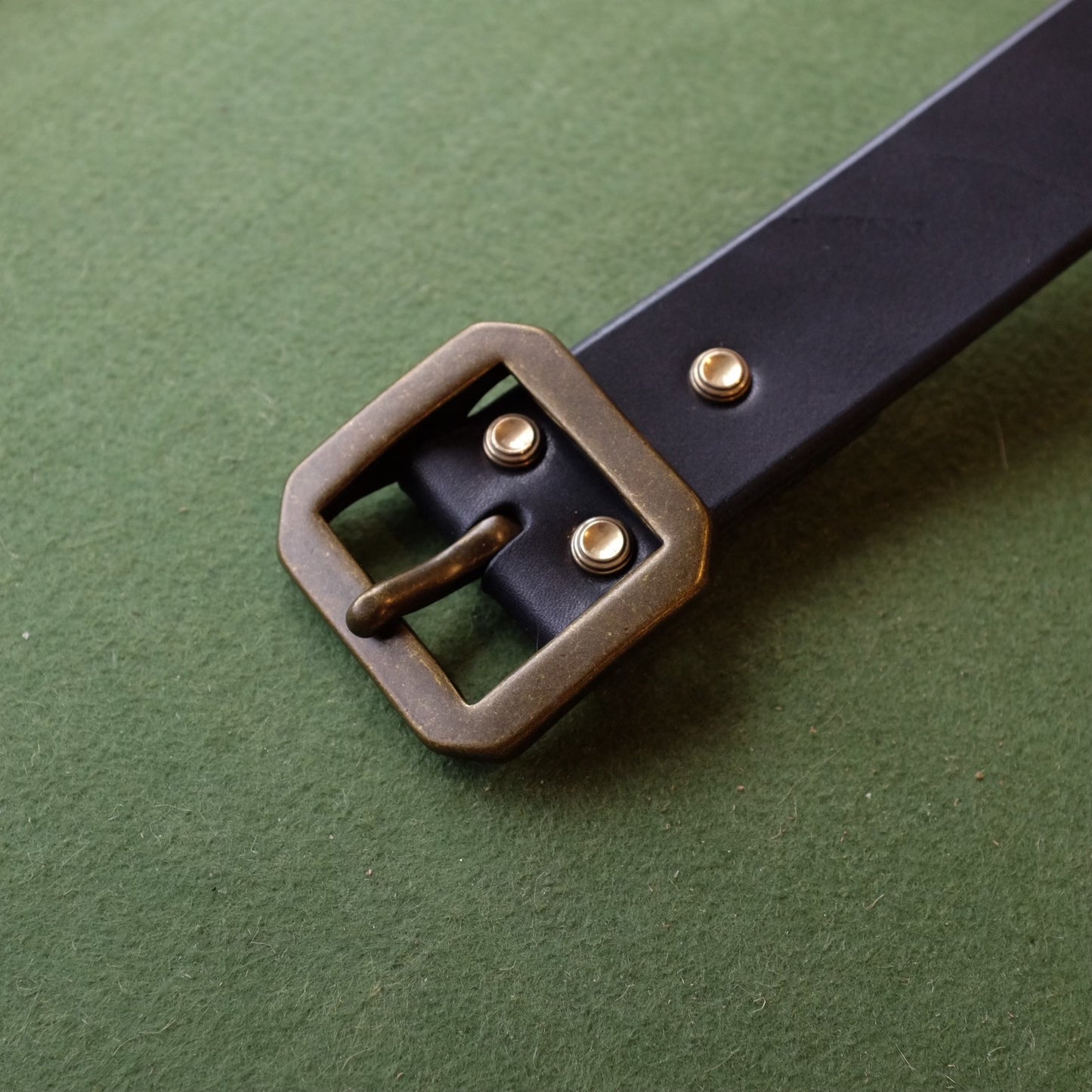 Black Leather Belt with Hexagonal Aged Brass Buckle and Three Rivets