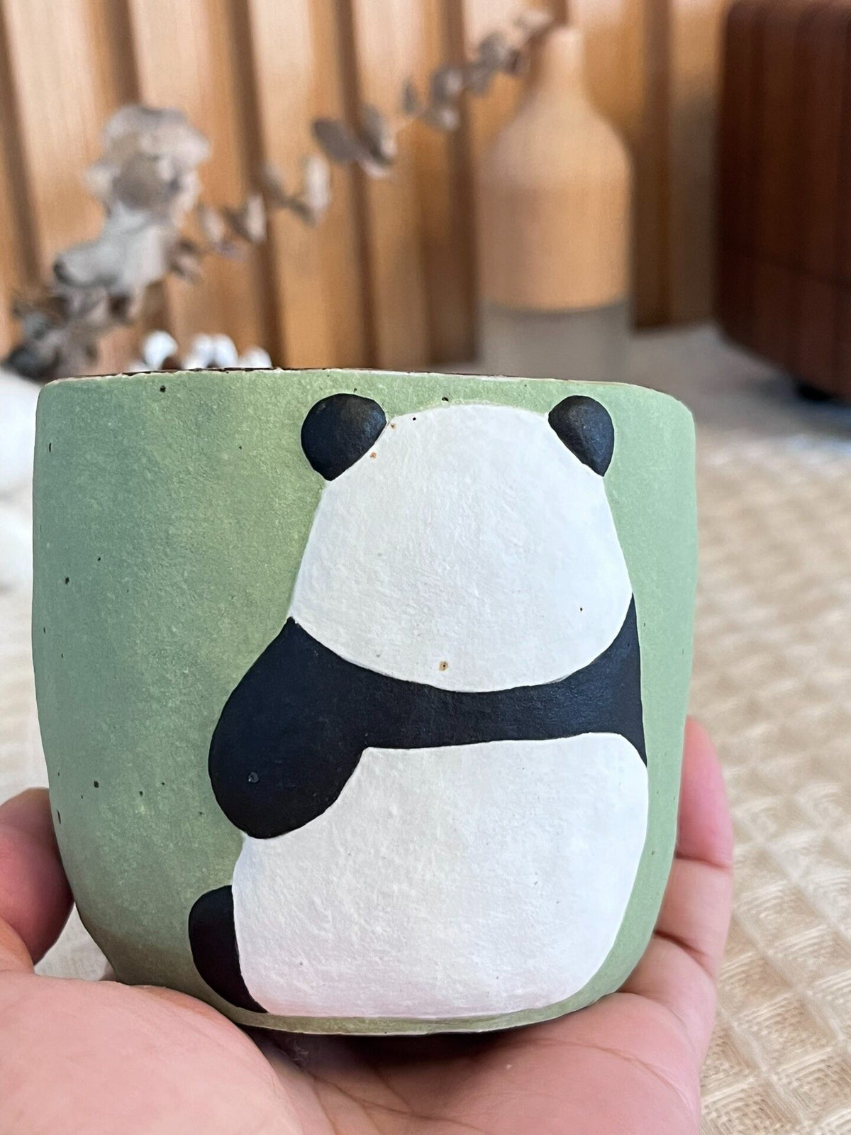 Handmade Panda Ceramic Cup Sage Green