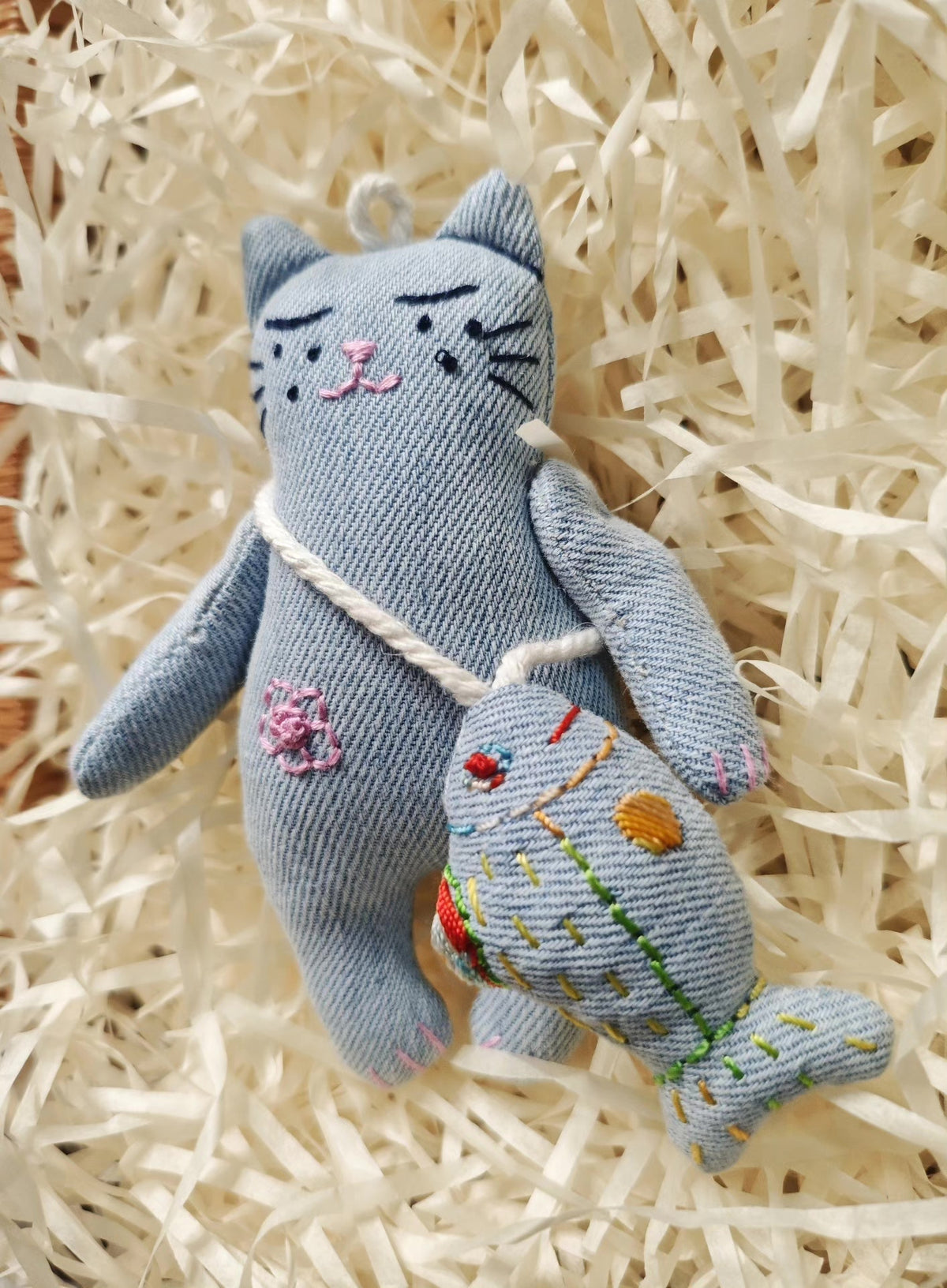 Handgefertigte Denim-Katze-Stofffigur