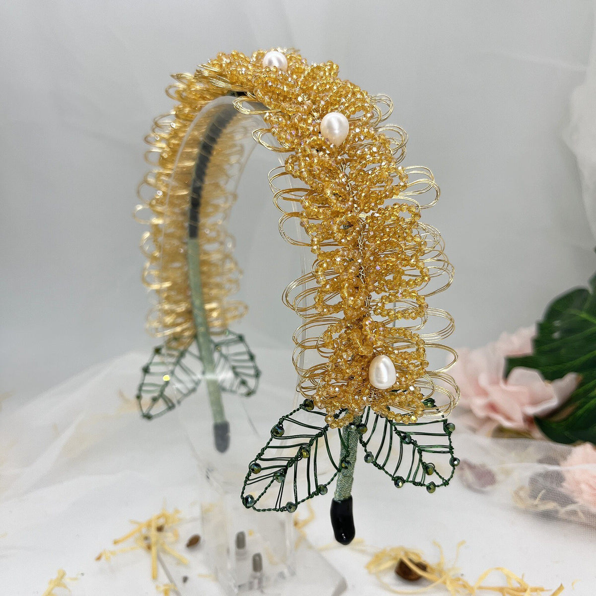Sunflower Beaded Headband with Pearl Accents