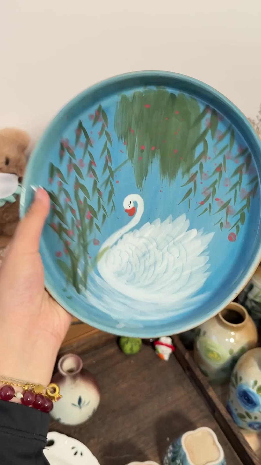 手描き 陶器プレート スワンデザイン