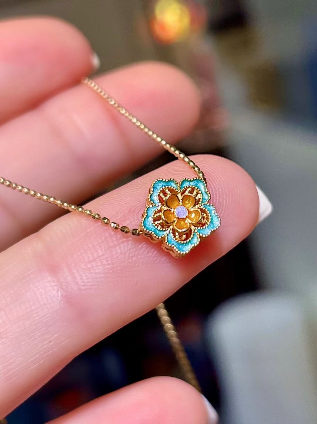 18K Gold Enamel Five-Petal Flower Pendant with Turquoise and Amber Enamel, 8.1x7.8mm