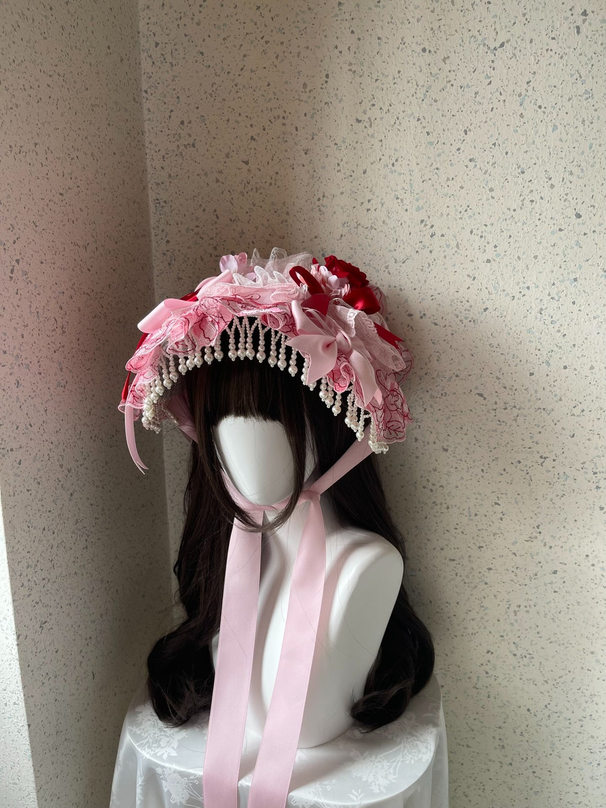 Lolita Pink Lace Bonnet Handmade
