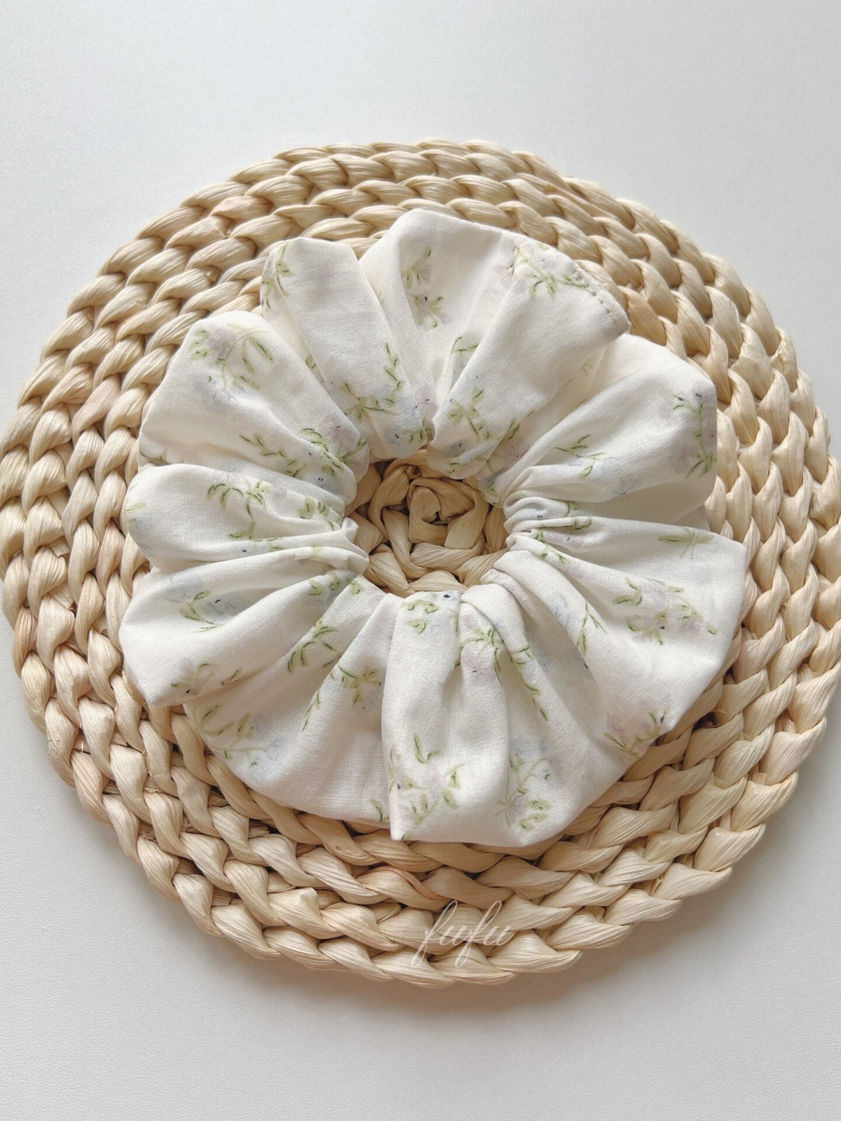 Cream Floral Print Fabric Hair Scrunchie