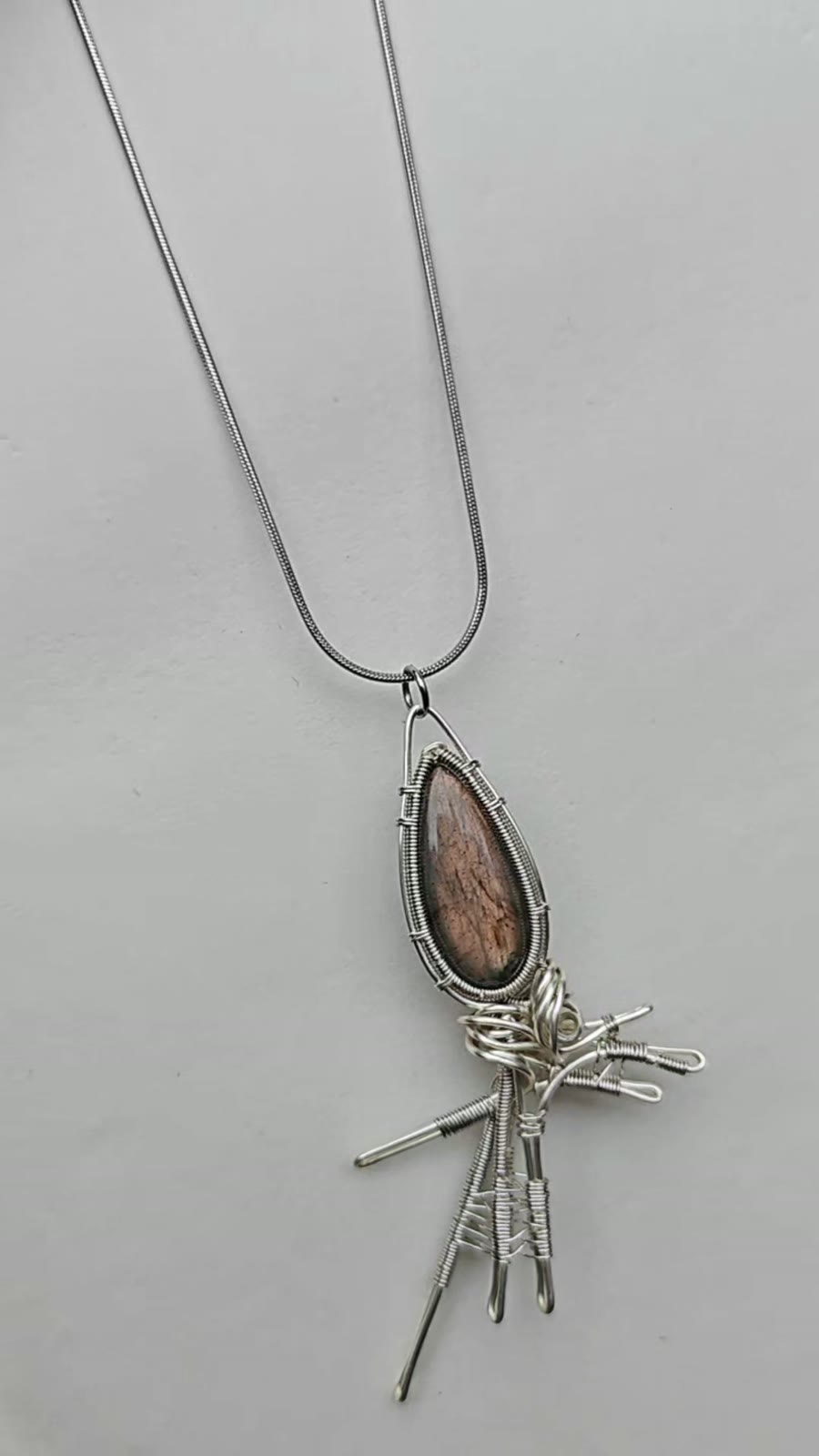 Labradorite Wire Wrapped Fishbone Necklace