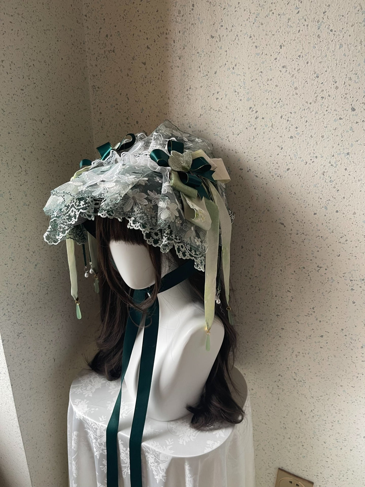 Lolita Green Blue Lace Flat Bonnet Hat