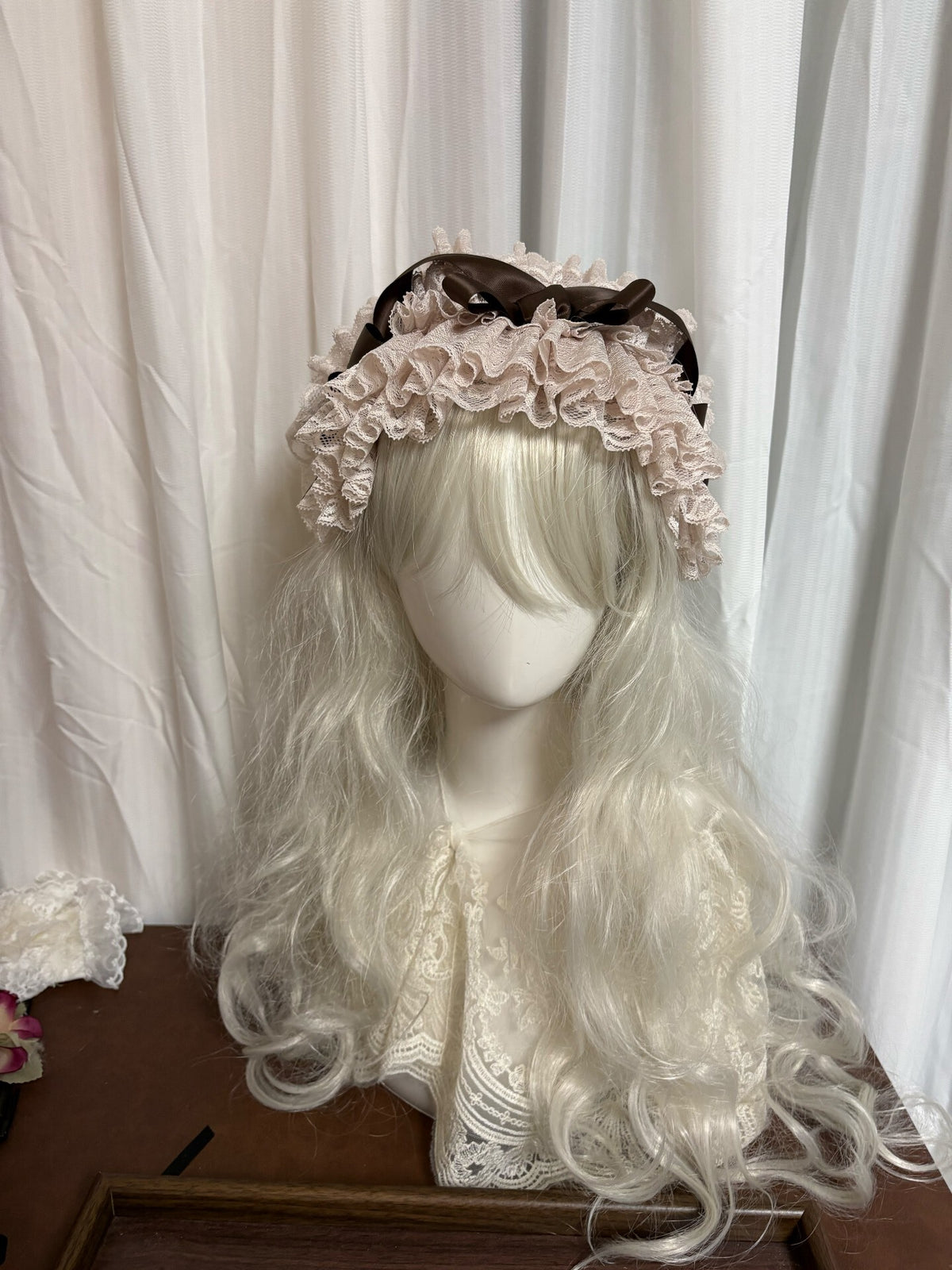 Handmade Beige Lace Ruffled Bonnet Headdress
