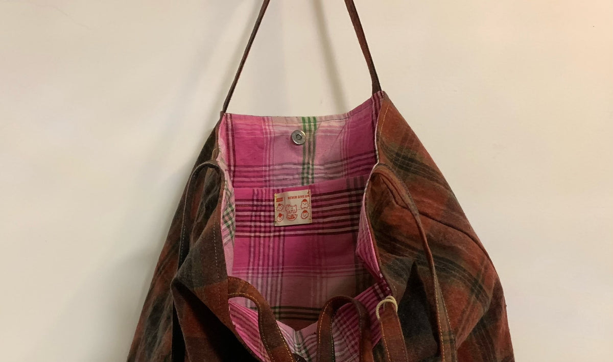 Washed Plaid Tote Bag with Floral Applique
