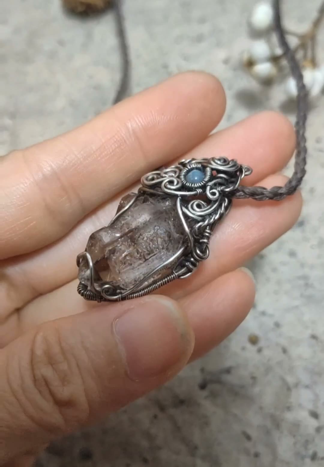 Wire-Wrapped Pendant Necklace with Tea Skeleton Crystal