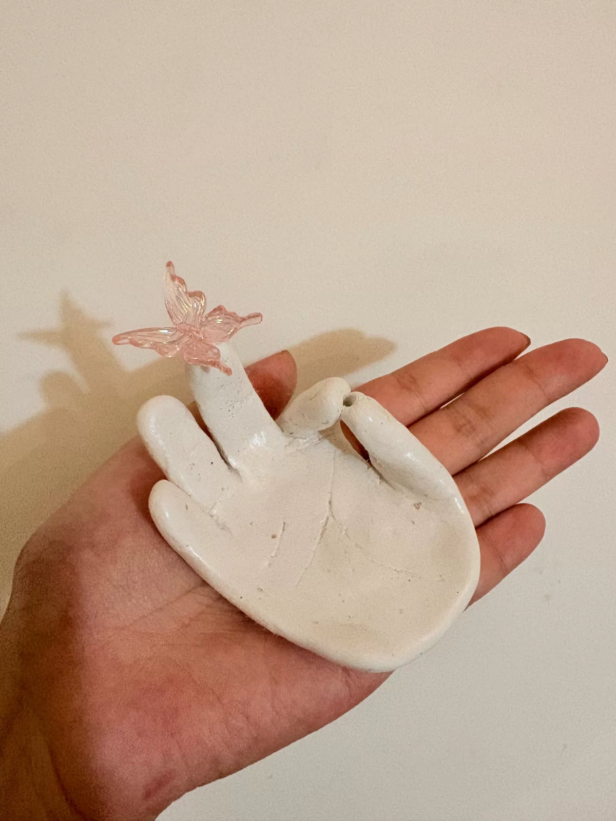 White Hand Ring Holder with Pink Butterfly