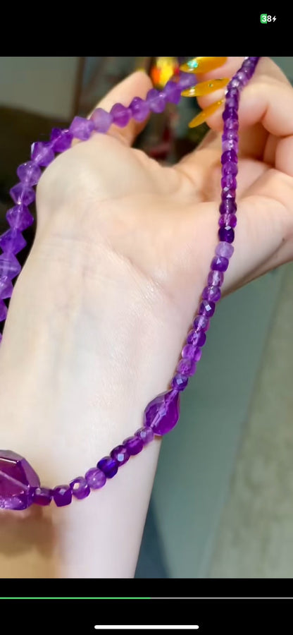 Amethyst Necklace with Freeform Crystal Centerpiece and Faceted Beads