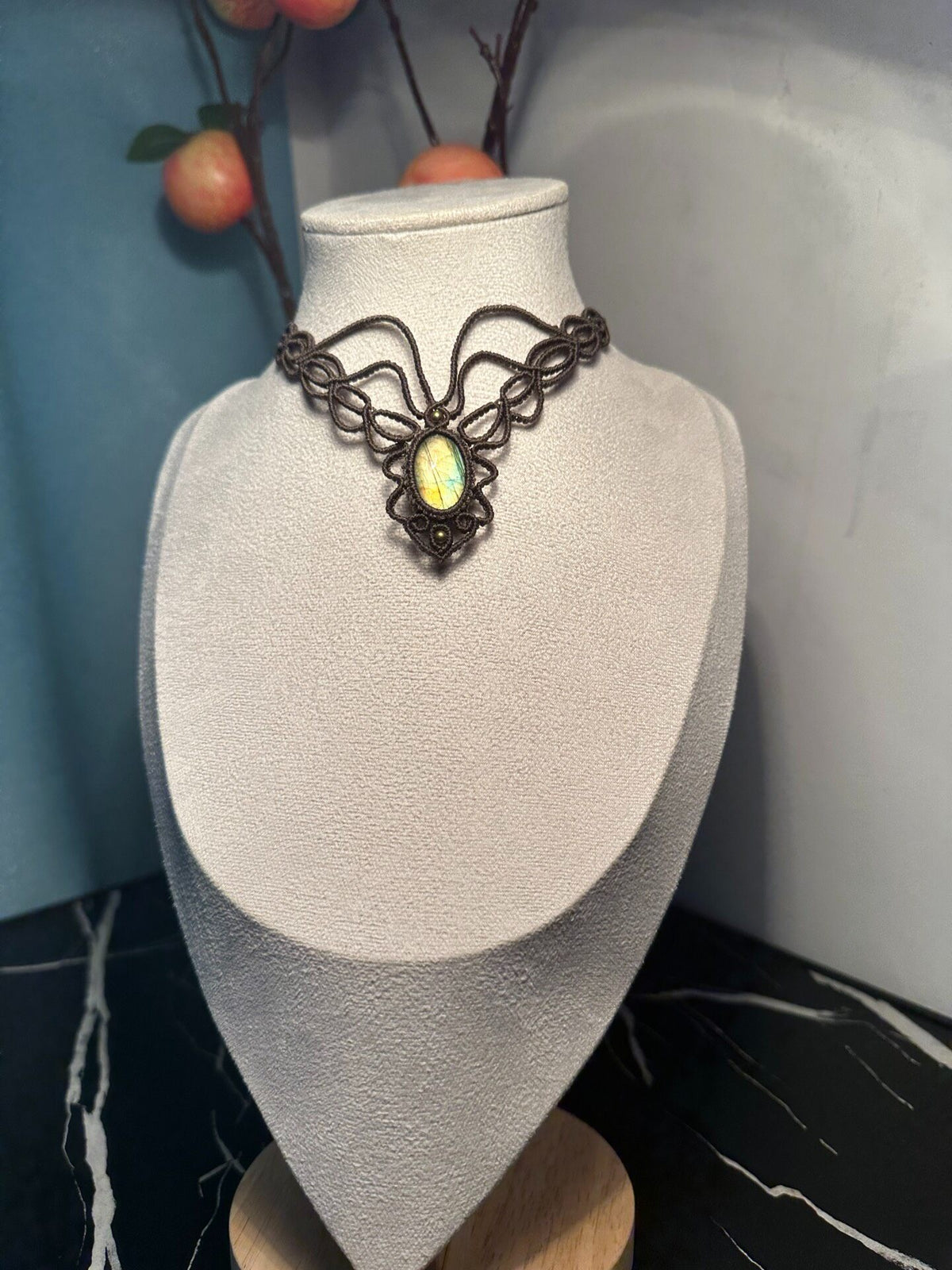 Handcrafted Macrame Necklace With Iridescent Stone