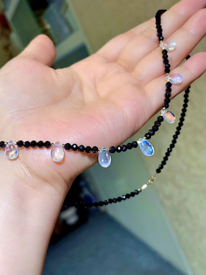 18K Gold Moonstone and Black Spinel Teardrop Necklace