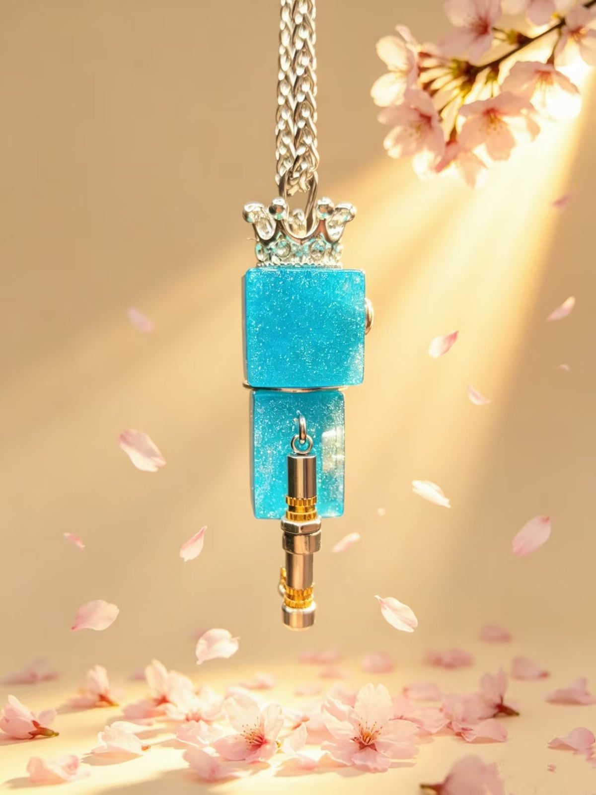 Blue Robot Pendant Necklace with Crown