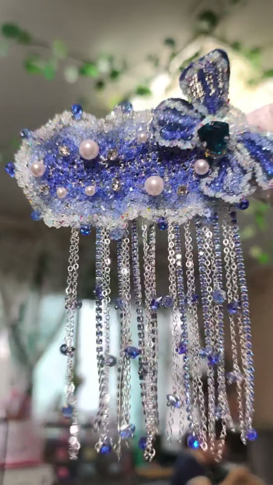 Blue Butterfly Beaded Tassel Hair Clip