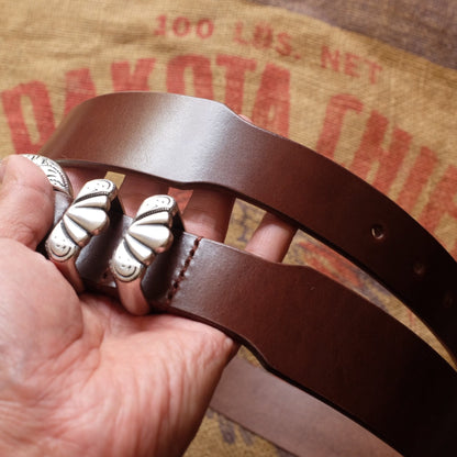 Full-Grain Leather Belt with Oyster Shell Silver Buckle