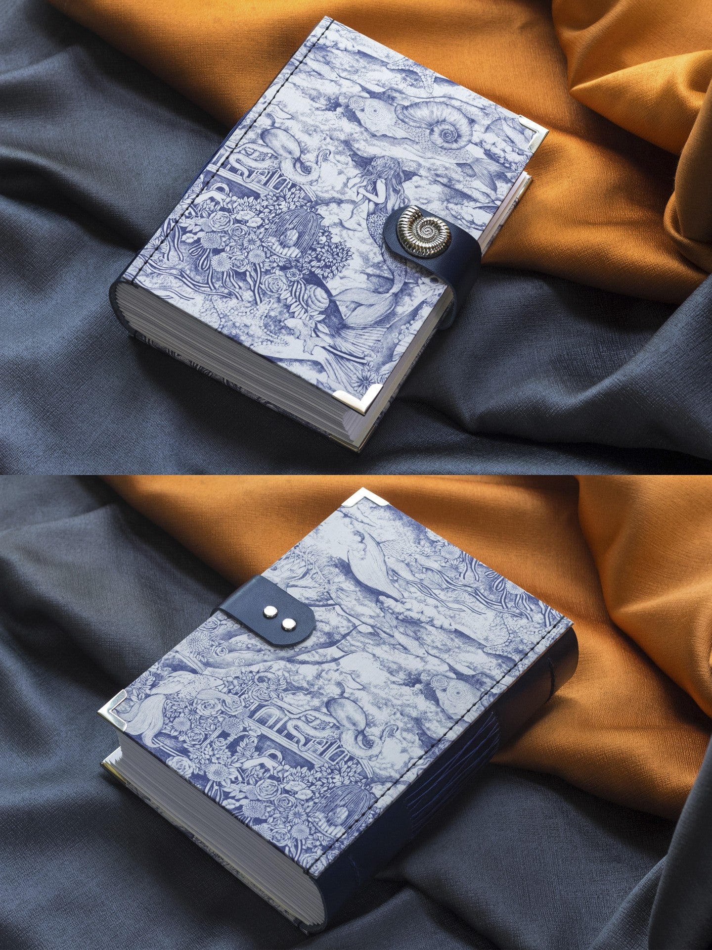 Handmade Blue and White Sea Pattern Fabric Journal, Nautilus Clasp