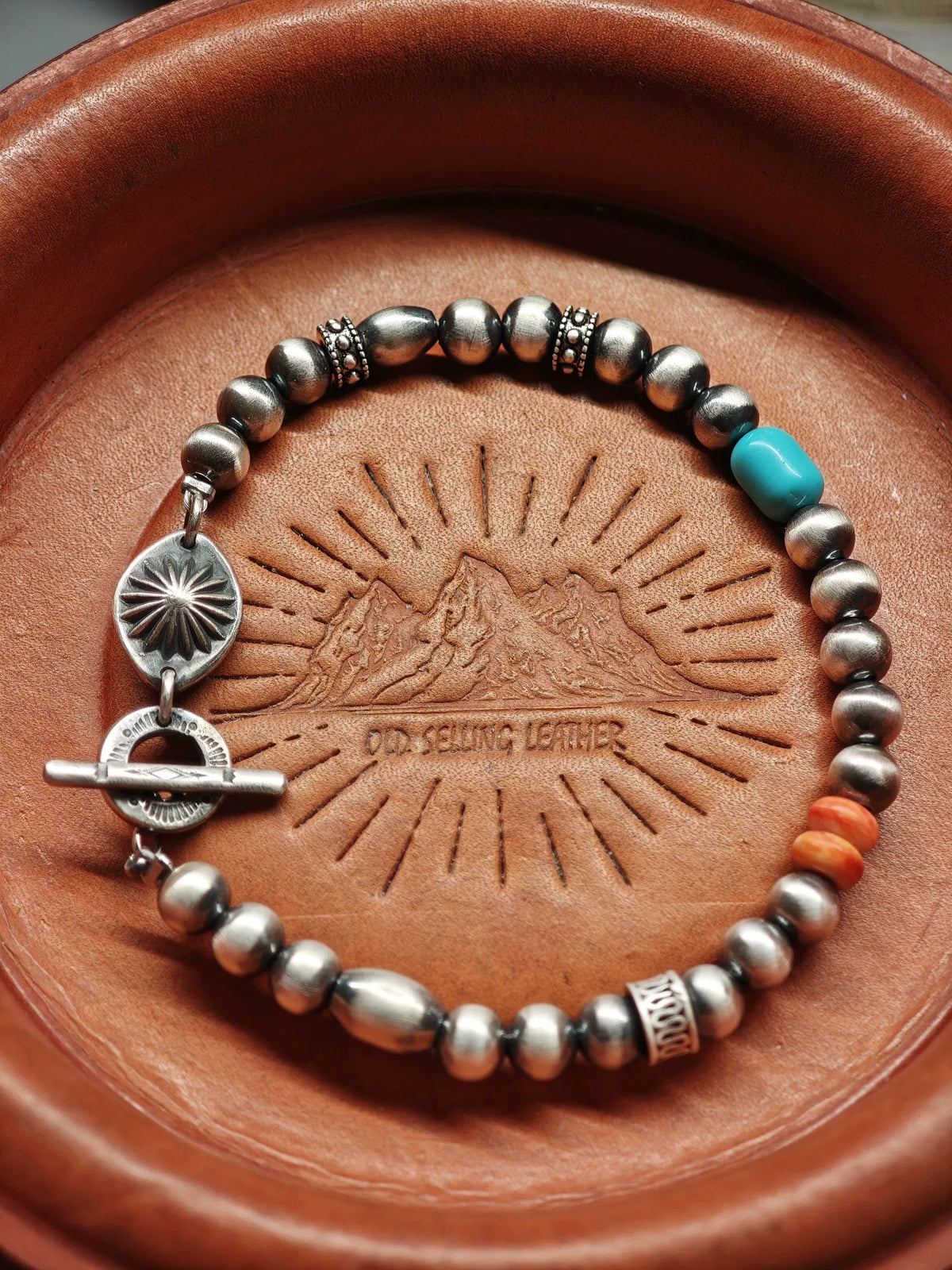 Navajo Style Hammered Silver Bead Bracelet Turquoise