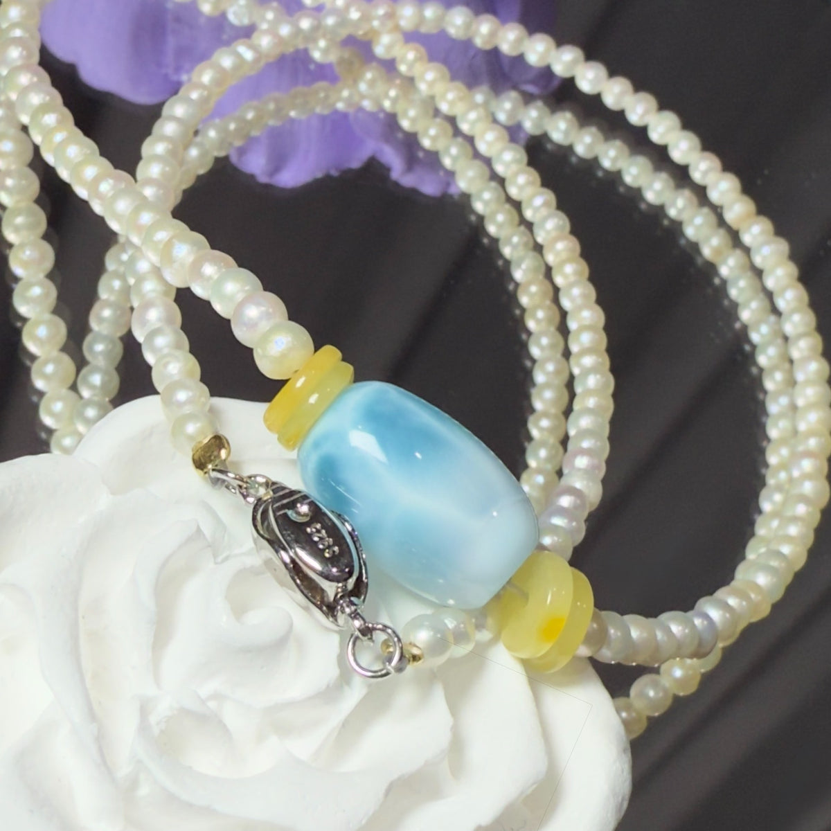 Collar de Larimar, Ámbar y Perlas con Cierre de Plata 925