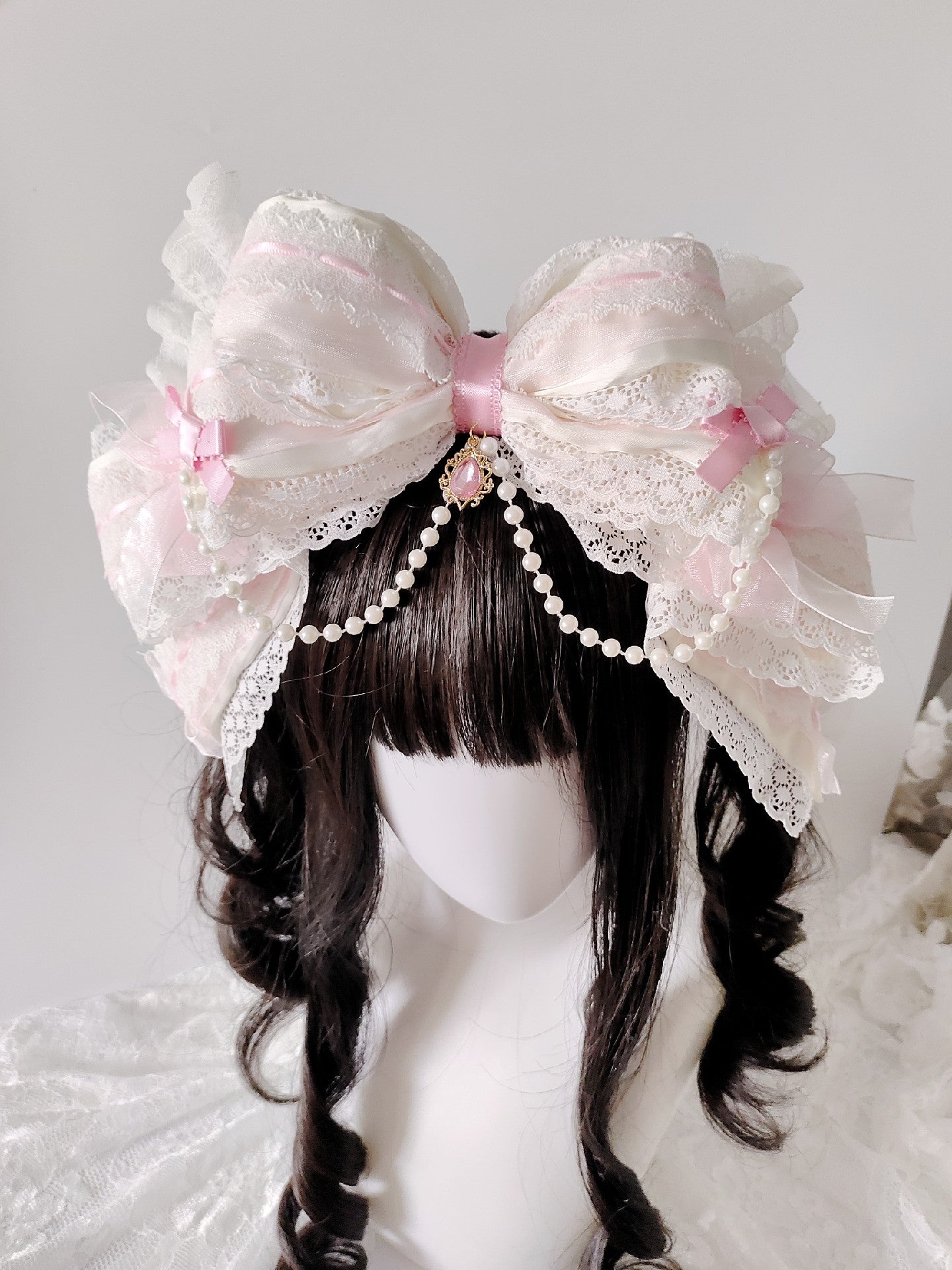 Large Lace Bow Headband with Pearl Drop Pendant