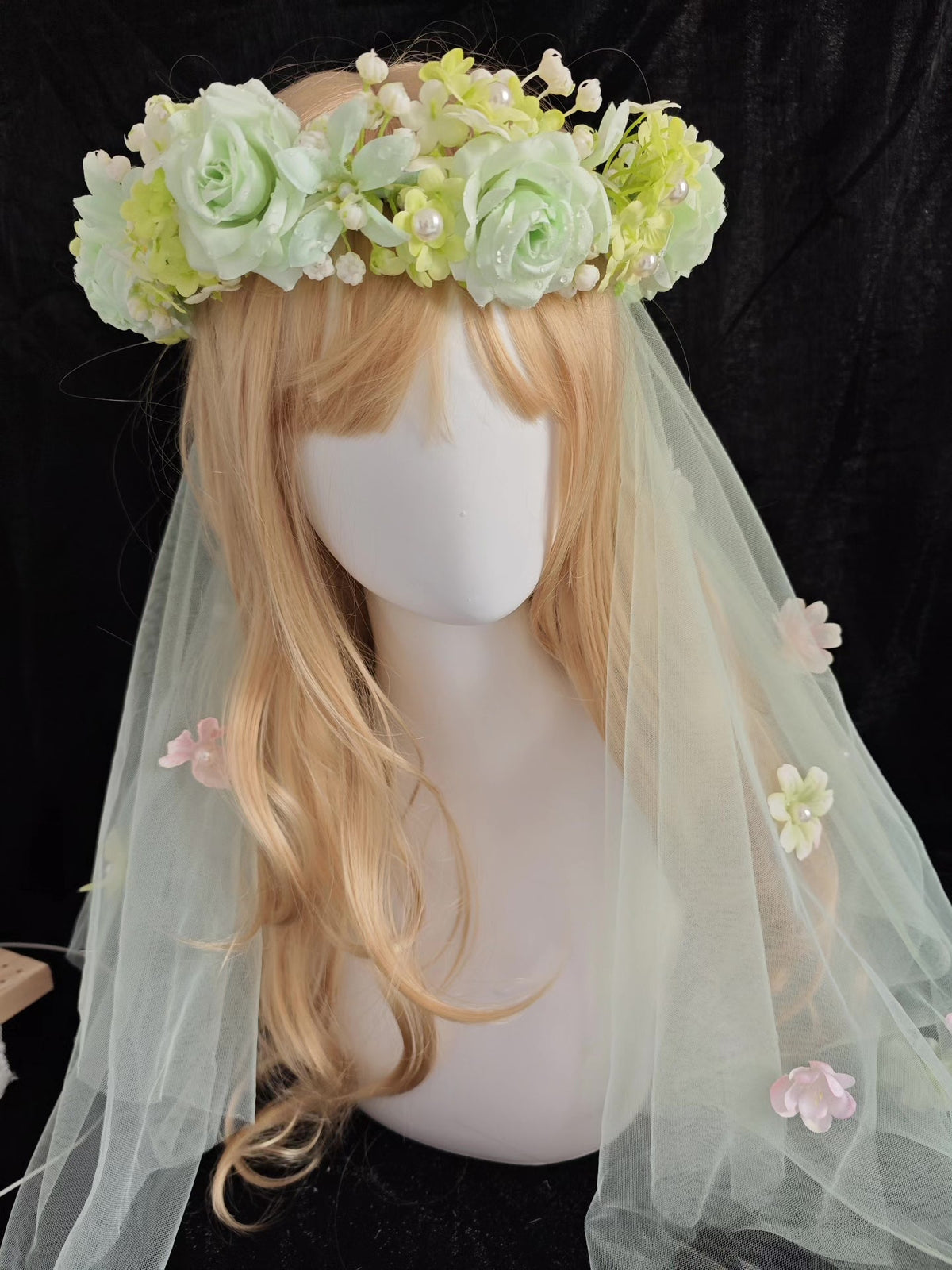 Green Floral Wreath Headpiece with Detachable Veil