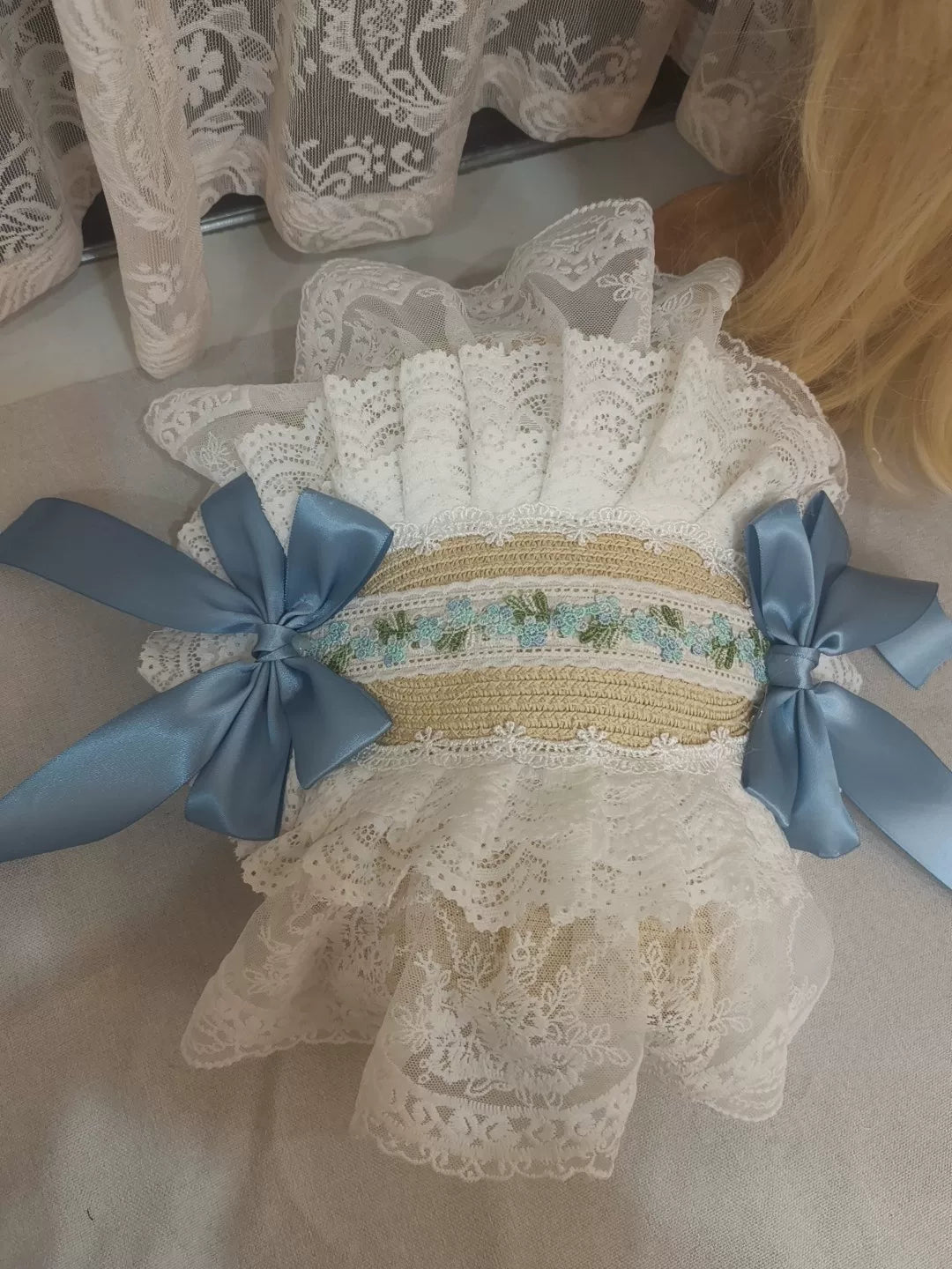 White Lace Lolita Headpiece with Blue Satin Bows