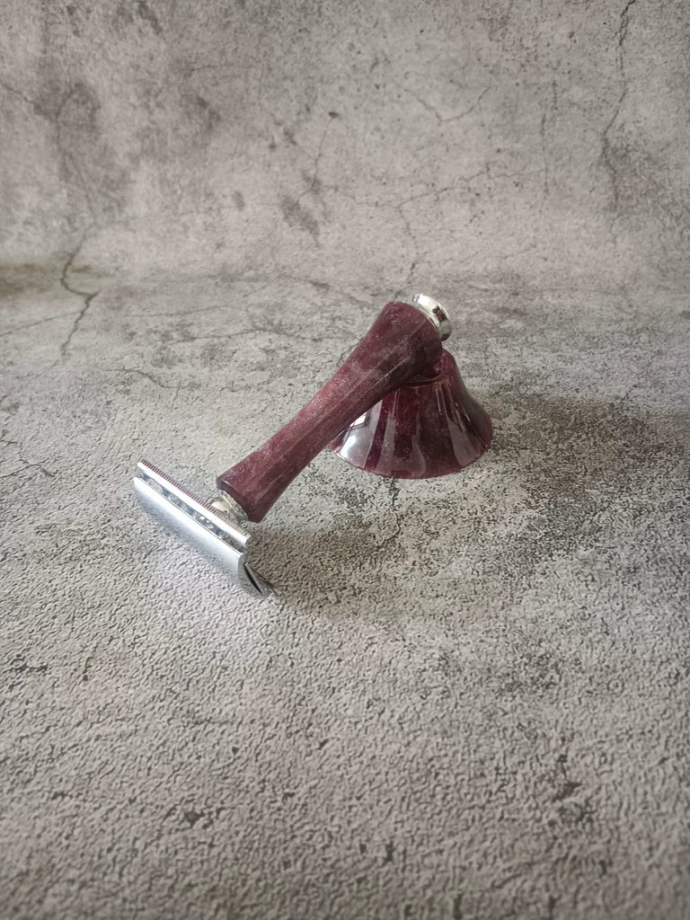 Burgundy Marbled Resin Safety Razor and Stand