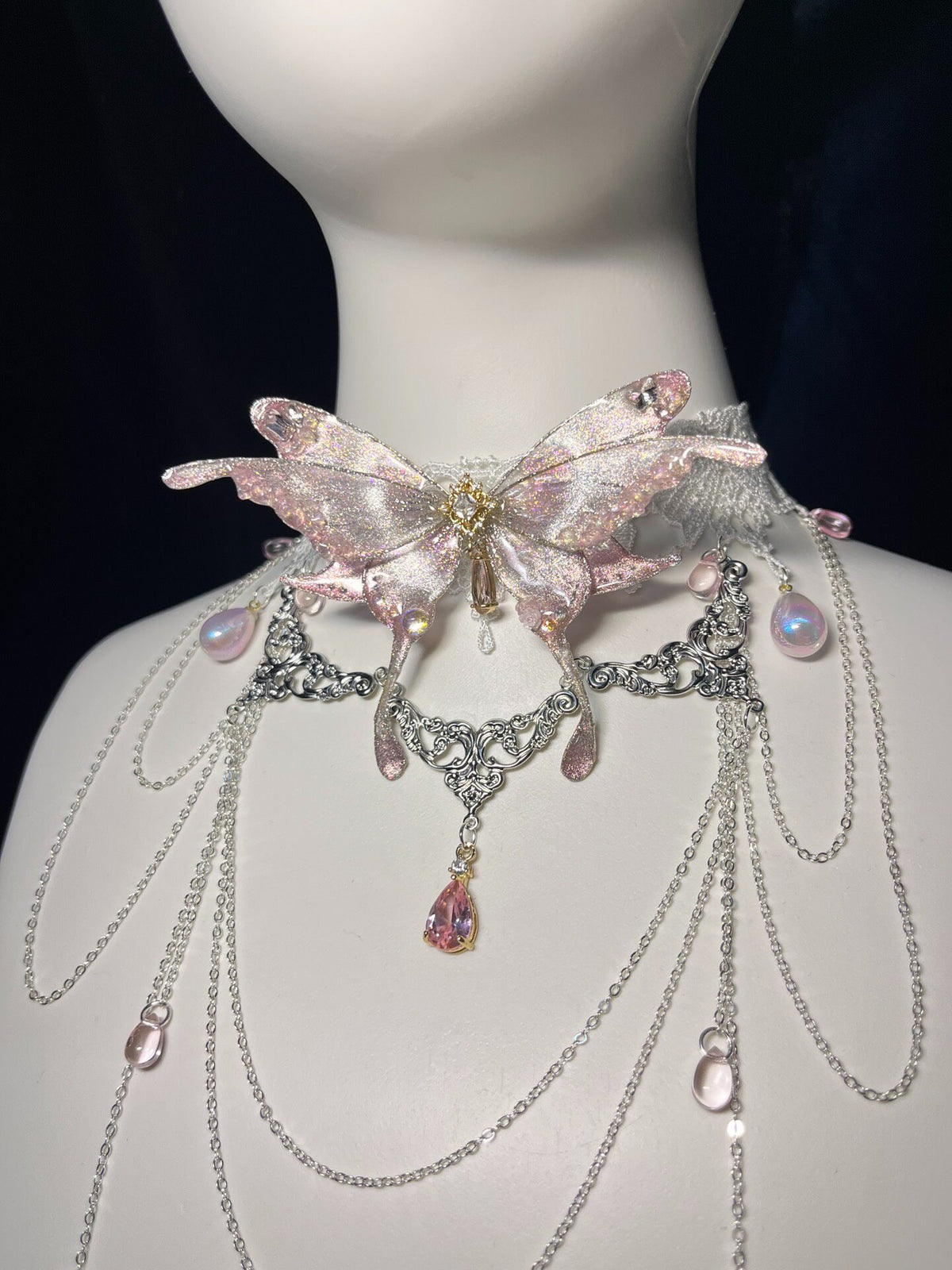 Pink Butterfly Choker Necklace with Lace Band