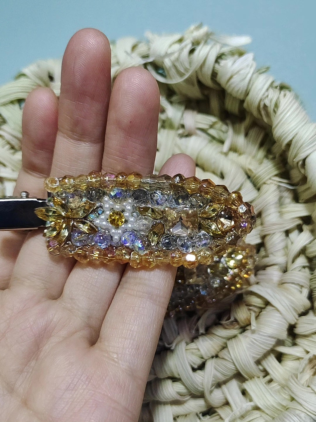 Handcrafted Gold Crystal Hair Clips Pair