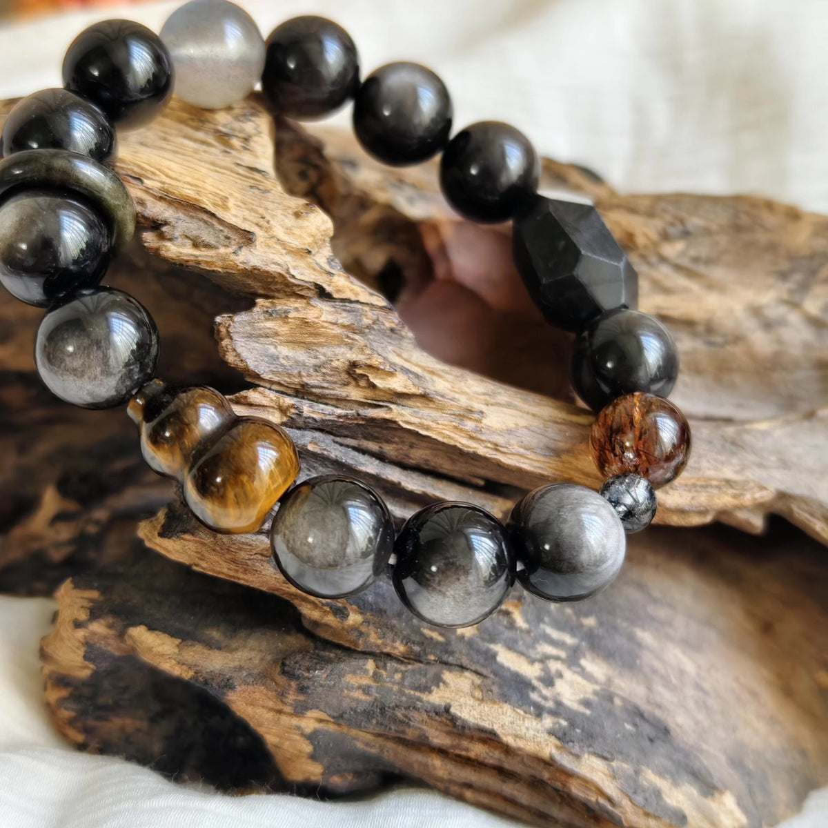Silver Obsidian Beaded Bracelet