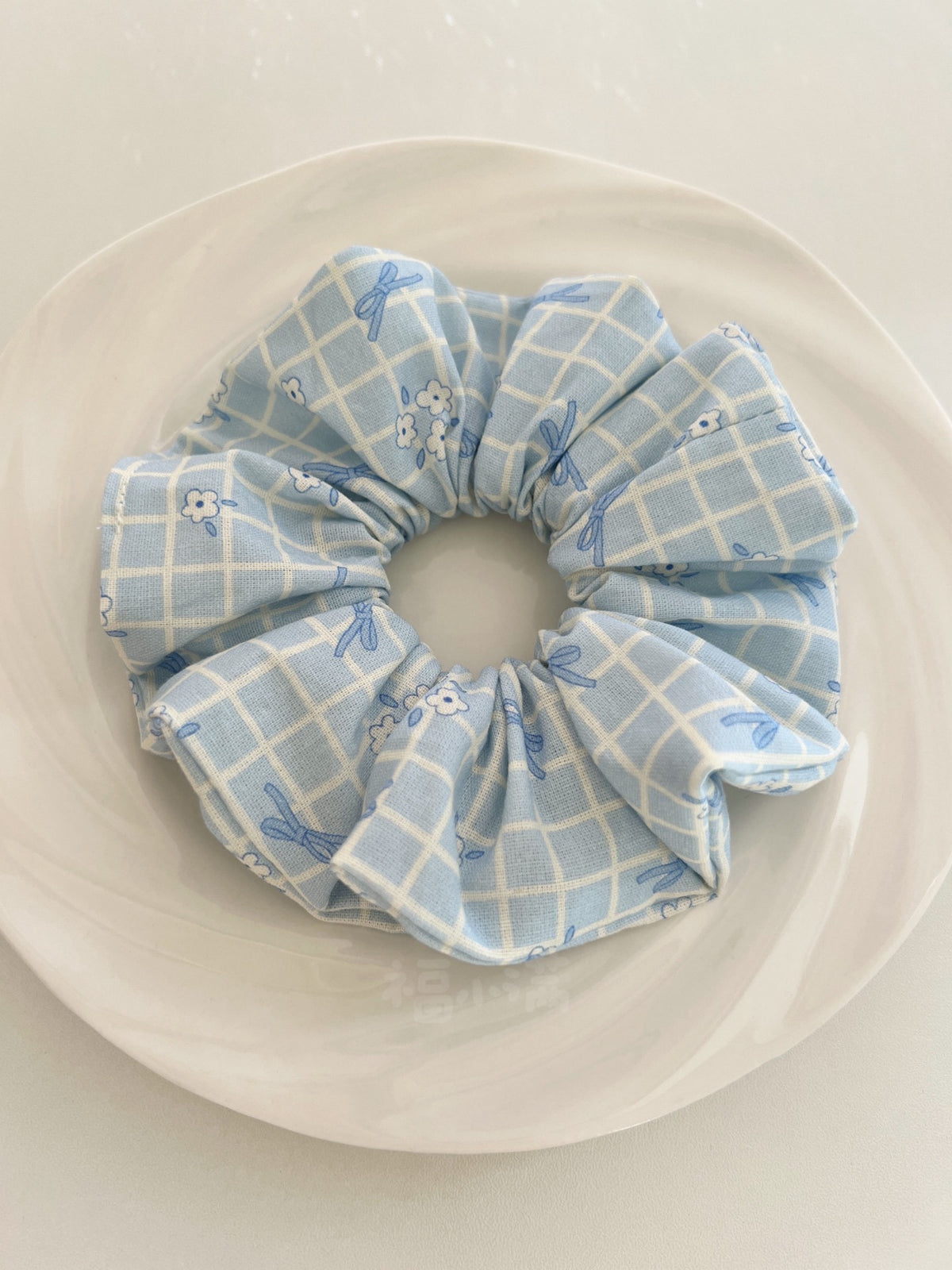 Blue Gingham Bow Print Fabric Scrunchie