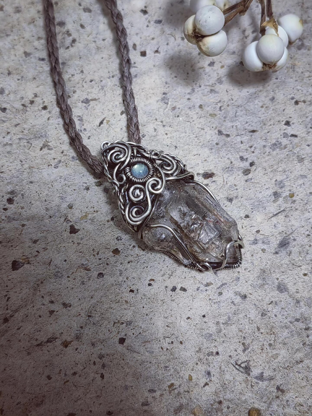 Wire-Wrapped Pendant Necklace with Tea Skeleton Crystal