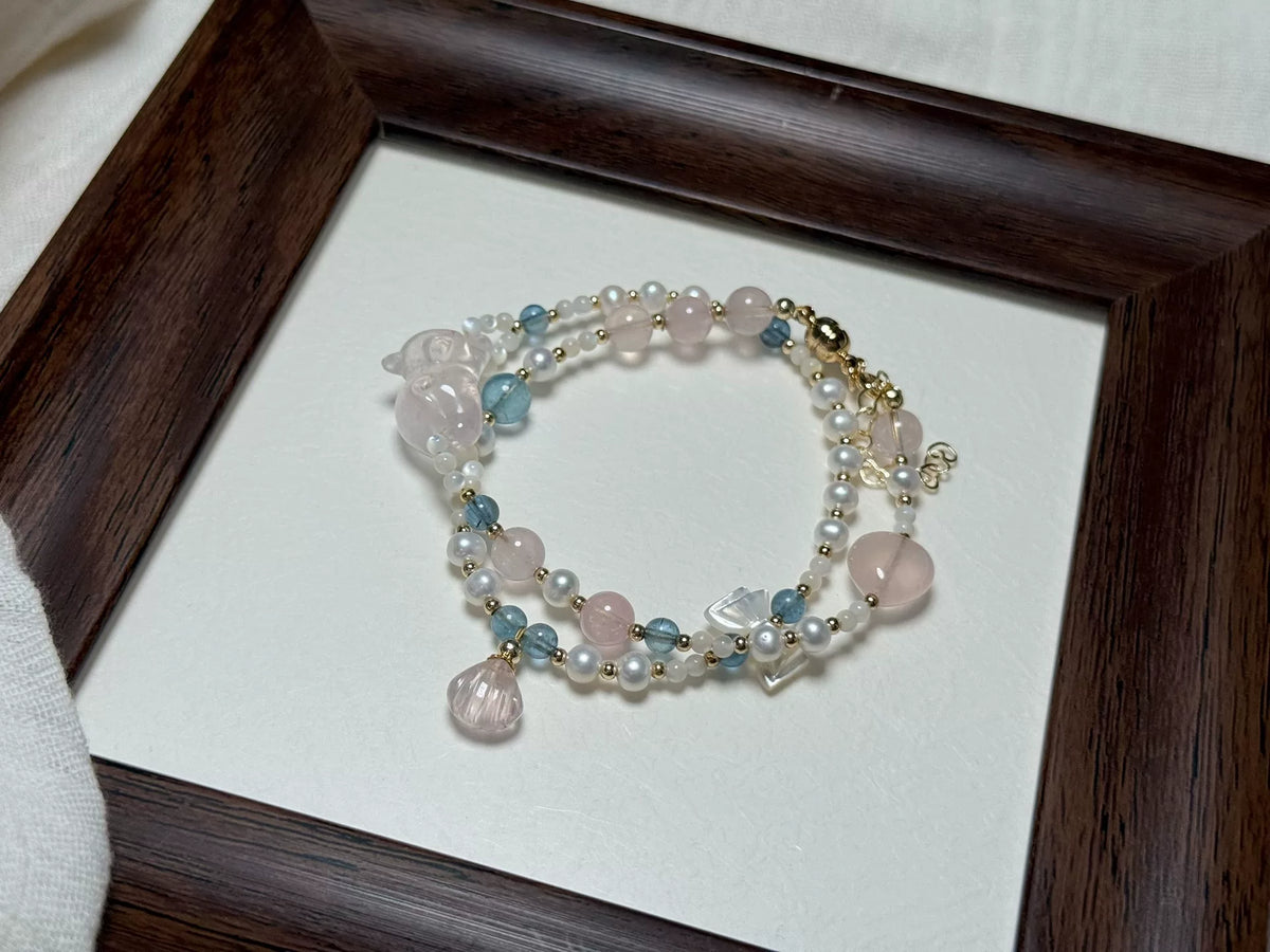 Rose Quartz Cat Pearl Double Strand Bracelet
