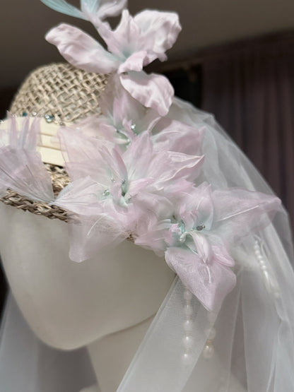 Straw Hat with Floral and Pearl Veil
