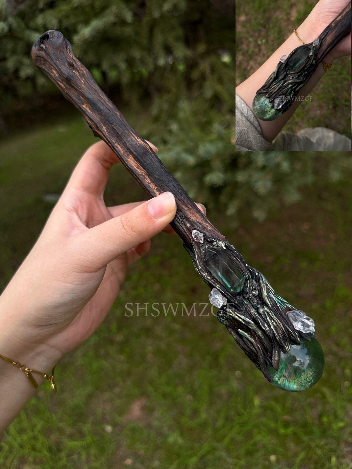 Blue-Green Fluorite Sphere Scepter with Wood Handle, 65cm