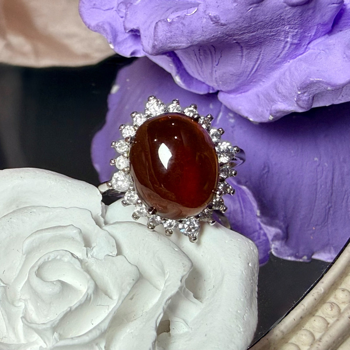Bague argent 925 halo de grenat naturel cabochon